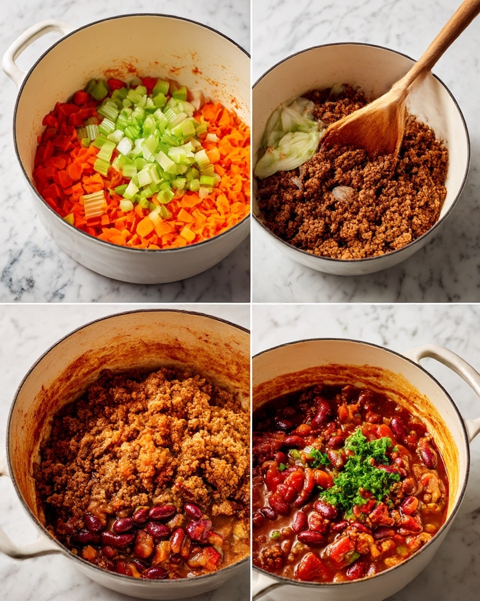 In the first image, there is a white pot filled with a colorful mix of finely chopped orange carrots, light green celery, and translucent white onions with a wooden spoon on the right side, all placed on a white marbled surface. In the second image, the same pot now contains browned ground meat mixed with the cooked carrots, celery, and onions, showing a textured, crumbly brown layer with small orange and green bits. The third image adds more layers to the brown meat mix, now including dark red beans and chunks of red tomatoes, creating a moist and chunky texture. In the fourth image, the contents in the same pot are more saucy with a slightly shiny surface, showing a thick chili or stew-like dish with mixed brown meat, red beans, and tomato pieces, all sitting on the white marbled surface with a bit of green garnish visible in the top right corner photo taken with an iphone --ar 4:5 --v 7