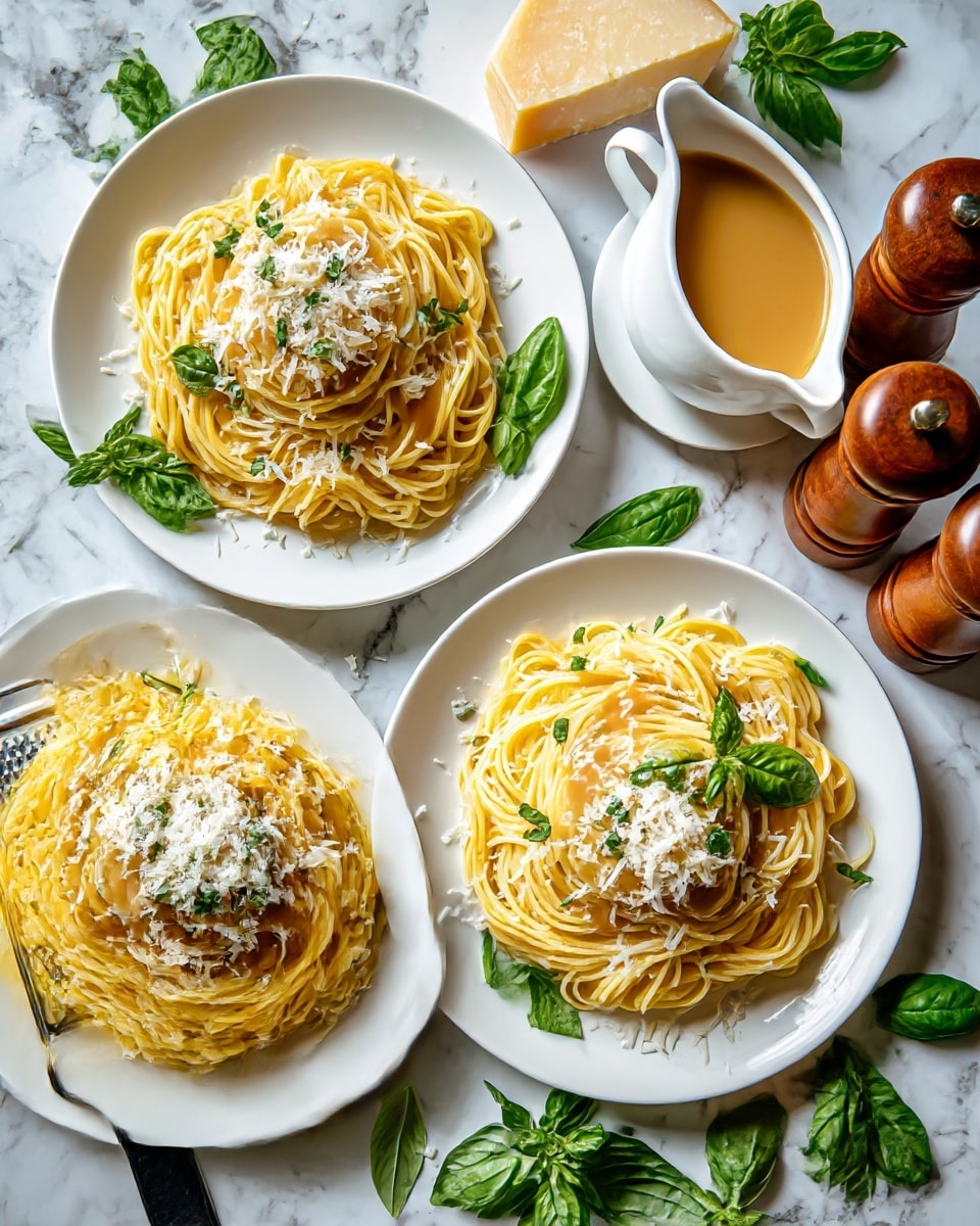 The image shows three white plates each with a small round mound of yellow spaghetti noodles topped with a light brown sauce, sprinkled with white cheese shreds and garnished with fresh green basil leaves on top and beside the pasta. Nearby, a white sauce boat filled with the same light brown sauce is placed above the plates. Around the plates, there are several fresh green basil leaves scattered, a metal cheese grater with a black handle, a large wedge of pale yellow cheese, and two wooden pepper grinders. The whole setup is on a white marbled surface. photo taken with an iphone --ar 4:5 --v 7