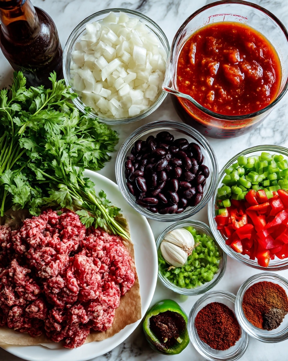 The image shows a white plate with raw ground meat on brown paper in the bottom left. Nearby, there is a bunch of fresh green cilantro. Surrounding the plate are small clear glass bowls with chopped white onions, red bell peppers, minced garlic, black beans, chopped green peppers, a deep red paste, and a mix of several brown and red spices. There are two clear glass measuring cups, one filled with a dark brown liquid and the other with a bright red tomato mixture. A brown beer bottle is also visible near the top left. All items are placed on a white marbled surface. Photo taken with an iphone --ar 4:5 --v 7