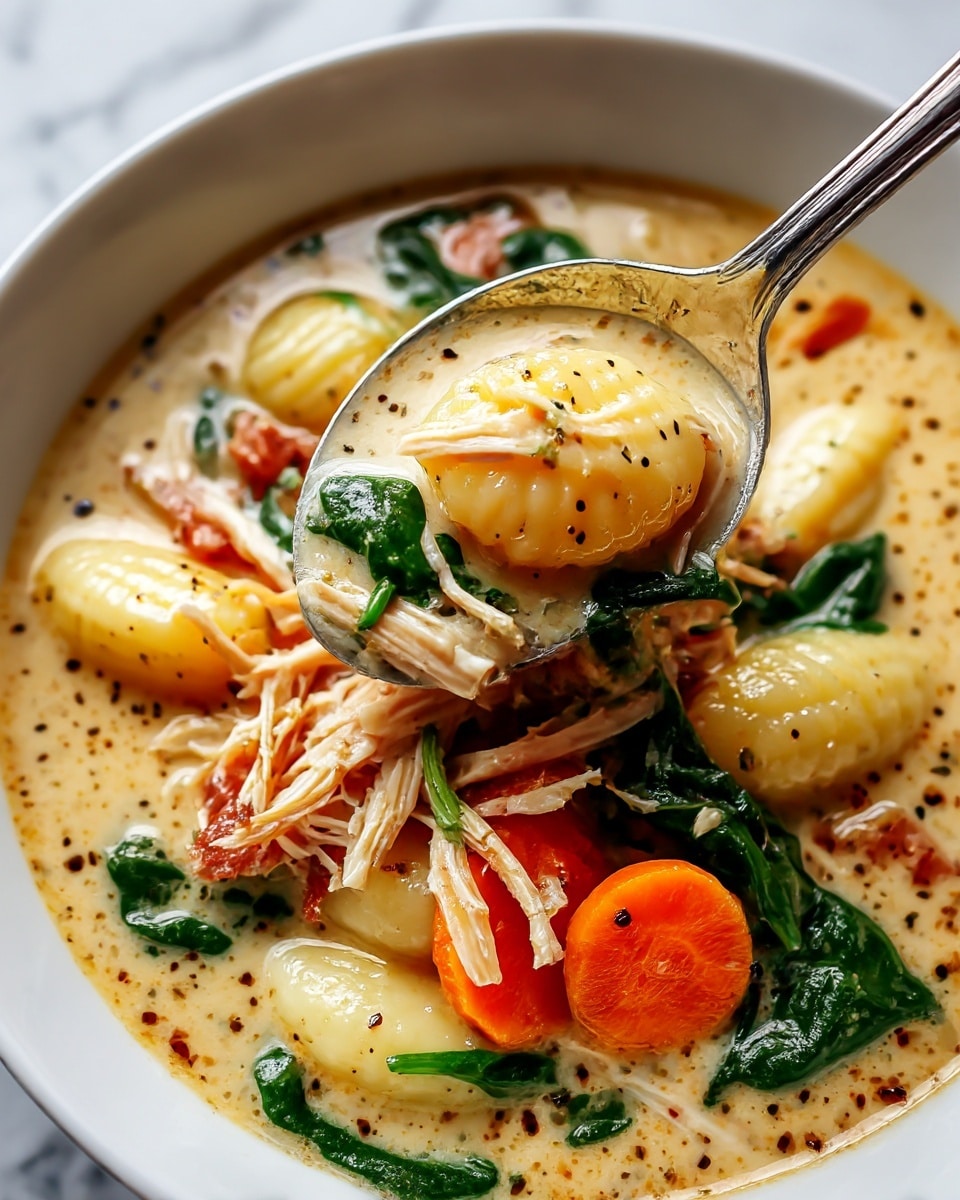 The image shows a creamy soup with multiple layers of ingredients mixed together. The base layer is a thick, beige broth with a smooth texture, dotted with small black pepper specks. There are several layers of soft, plump gnocchi pieces that are light yellow and slightly ridged, floating throughout the soup. Bright orange, sliced carrots add color and texture in a few places. Fresh, dark green spinach leaves are spread evenly, some partially submerged, some floating near the surface. Thin strands of shredded, light-colored chicken are scattered through the soup, blending with the creamy broth. A silver ladle filled with a scoop of the soup sits in the middle, showing a close-up of the ingredients. The entire scene is set against a white marbled texture. photo taken with an iphone --ar 4:5 --v 7