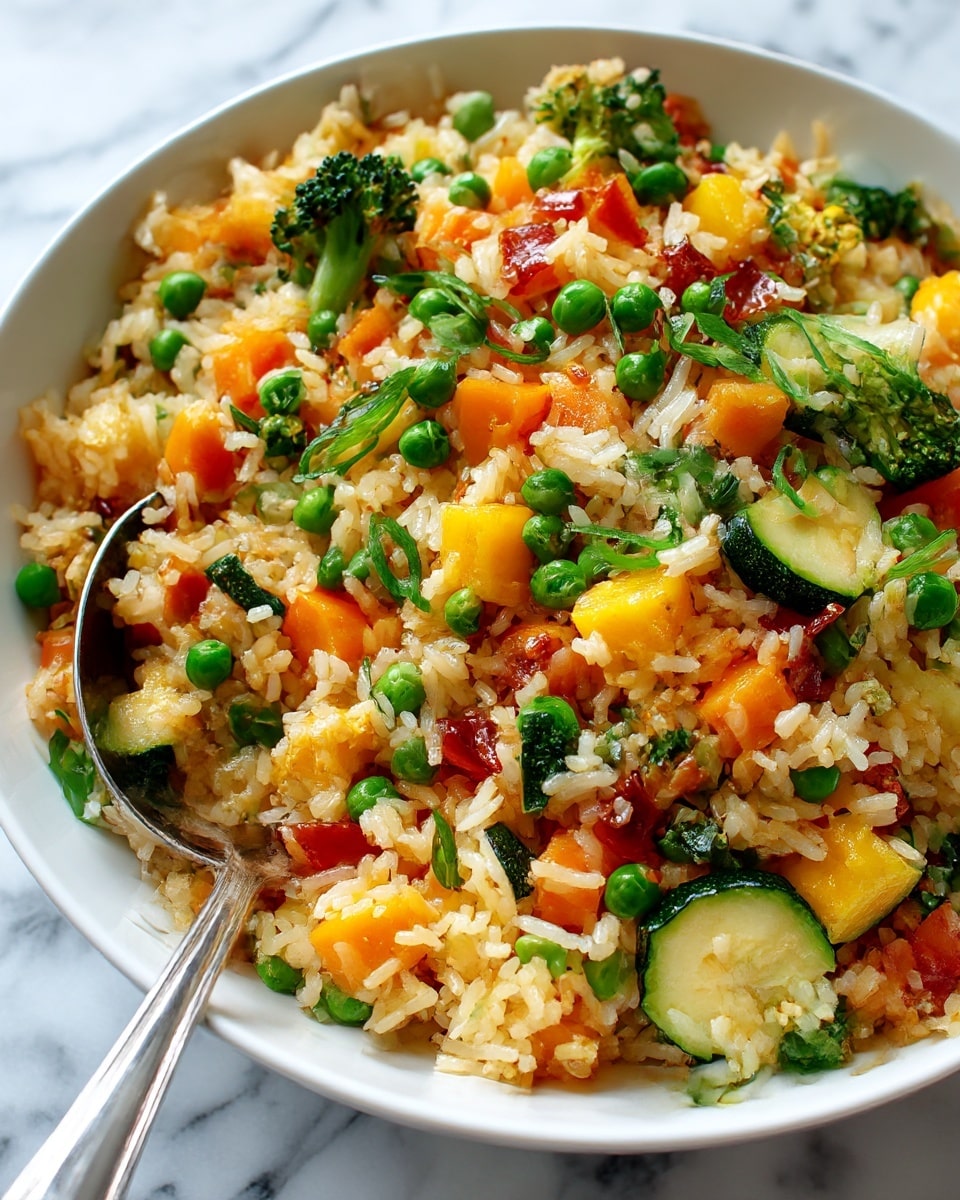 A white bowl filled with rice mixed with many colorful vegetables in one layer, including small green peas, orange carrot cubes, red bell pepper pieces, yellow bell pepper pieces, green broccoli florets, and slices of light green zucchini. The vegetables are evenly mixed with the white rice grains, creating a bright and fresh look. A silver fork rests on the side inside the bowl. The bowl is placed on a surface with a white marbled texture, and the background has a soft yellow bottle and some blurred green leaves in light. Photo taken with an iphone --ar 4:5 --v 7