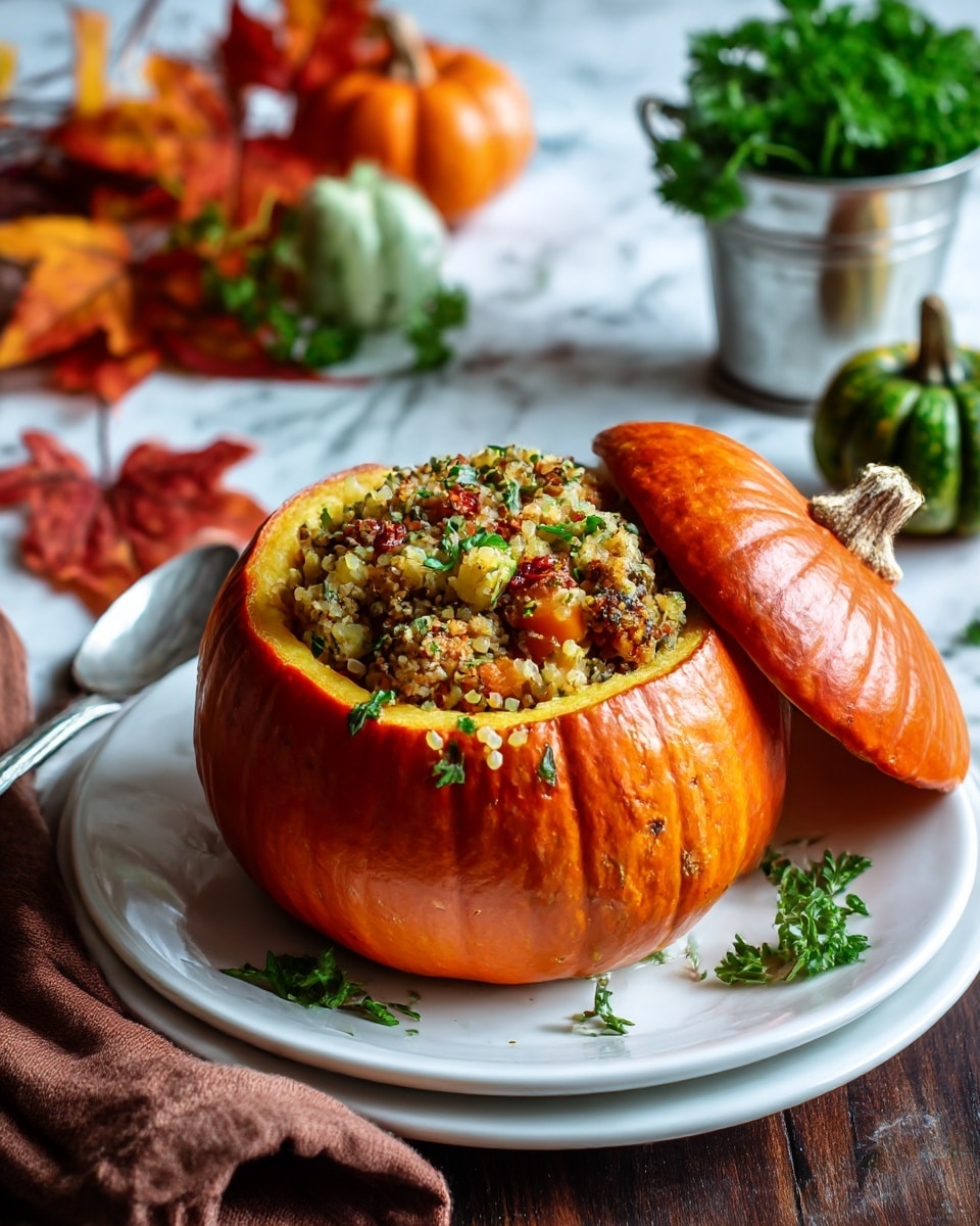 A small orange pumpkin is hollowed out and filled with a mixed dish that has yellow, light brown, and red bits, suggesting a stuffing with grains, vegetables, and spices. The pumpkin's round lid with a brown stem leans against it on the right side. The pumpkin sits on a white plate on a dark wooden table with a folded brown cloth napkin to the left. In the background, there are autumn leaves in orange and red, a small green and a small orange pumpkin, and some green leafy parsley in a silver metal container. The whole scene is set on a white marbled texture. photo taken with an iphone --ar 4:5 --v 7
