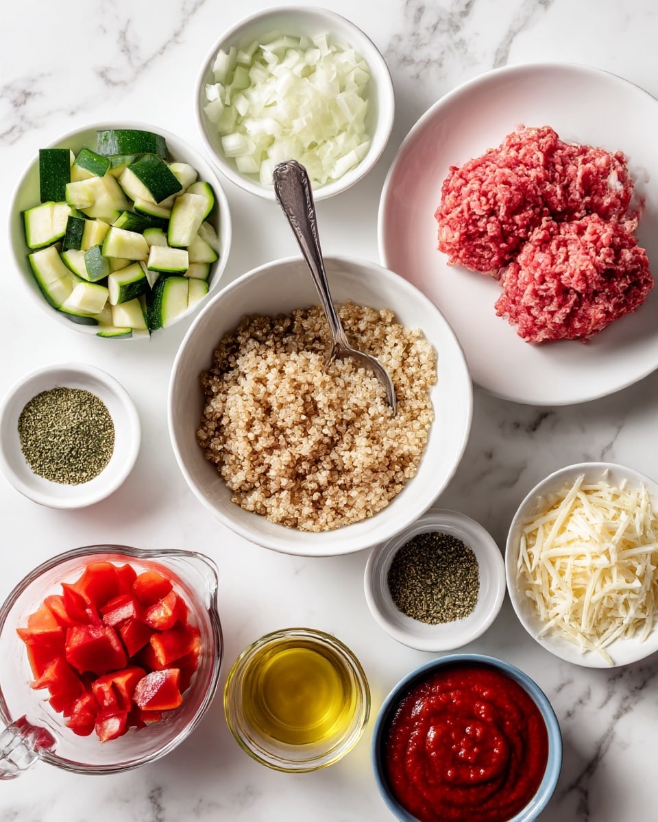 The image shows an overhead view of various ingredients arranged neatly on a white marbled surface. At the center is a white bowl filled with light brown cooked quinoa, with a silver spoon resting in it. To the right, a white plate holds a bright pink raw ground beef portion. Above the quinoa, a white bowl contains finely chopped white onions. Surrounding these are small white bowls with different spices like a pale green oregano, mixed Italian seasoning in a light beige color, and dried dark green basil. Near the top left, a white bowl is filled with chopped green zucchini pieces. At the bottom left, a clear glass measuring cup holds bright red diced tomatoes, next to it a small white dish with golden oil. Adjacent to the oil, a small white bowl contains a white powdered garlic. Salt and pepper sit in a small white dish showing black and white grains. A small blue bowl near the bottom has shredded pale yellow cheese. On the bottom right, a white bowl with smooth deep red tomato sauce completes the spread. photo taken with an iphone --ar 4:5 --v 7