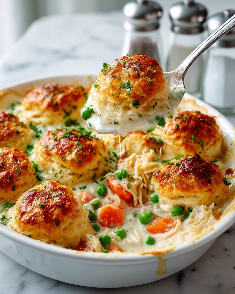 A white round dish filled with a golden brown biscuit top layer, showing a light crispy texture sprinkled with green herbs. Beneath the biscuits is a creamy layer with shredded white chicken meat mixed with soft orange carrot slices and bright green peas in a thick cream sauce. A metal spoon lifts a portion, revealing the soft inside of the biscuit and the rich, creamy chicken and vegetable filling underneath. The dish is set on a white marbled surface with salt and pepper shaker blurred in the background. photo taken with an iphone --ar 4:5 --v 7