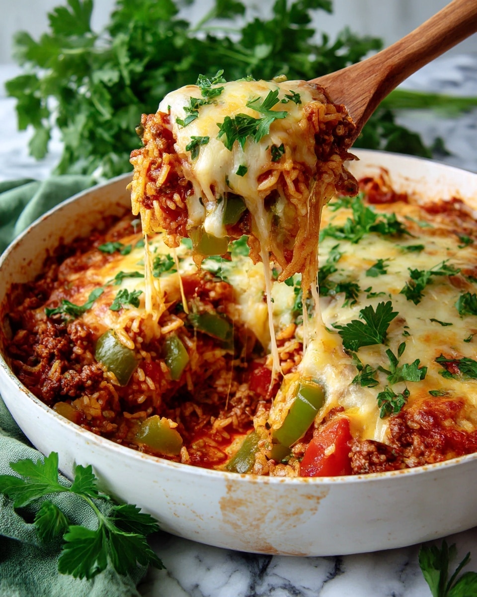 A close-up of a thick layered casserole served in a white enamel pot with a black rim, resting on a white marbled surface. The dish has a base layer of cooked rice mixed with tomato sauce and bits of green peppers, topped with melted yellow cheese sprinkled with chopped green herbs. A wooden spoon lifts a generous scoop, showing the mix of rice, sauce, and peppers with melted cheese stretching slightly. The pot's edge has a golden-brown baked crust, adding texture to the top layer. A green cloth napkin is placed beside the pot. photo taken with an iphone --ar 4:5 --v 7