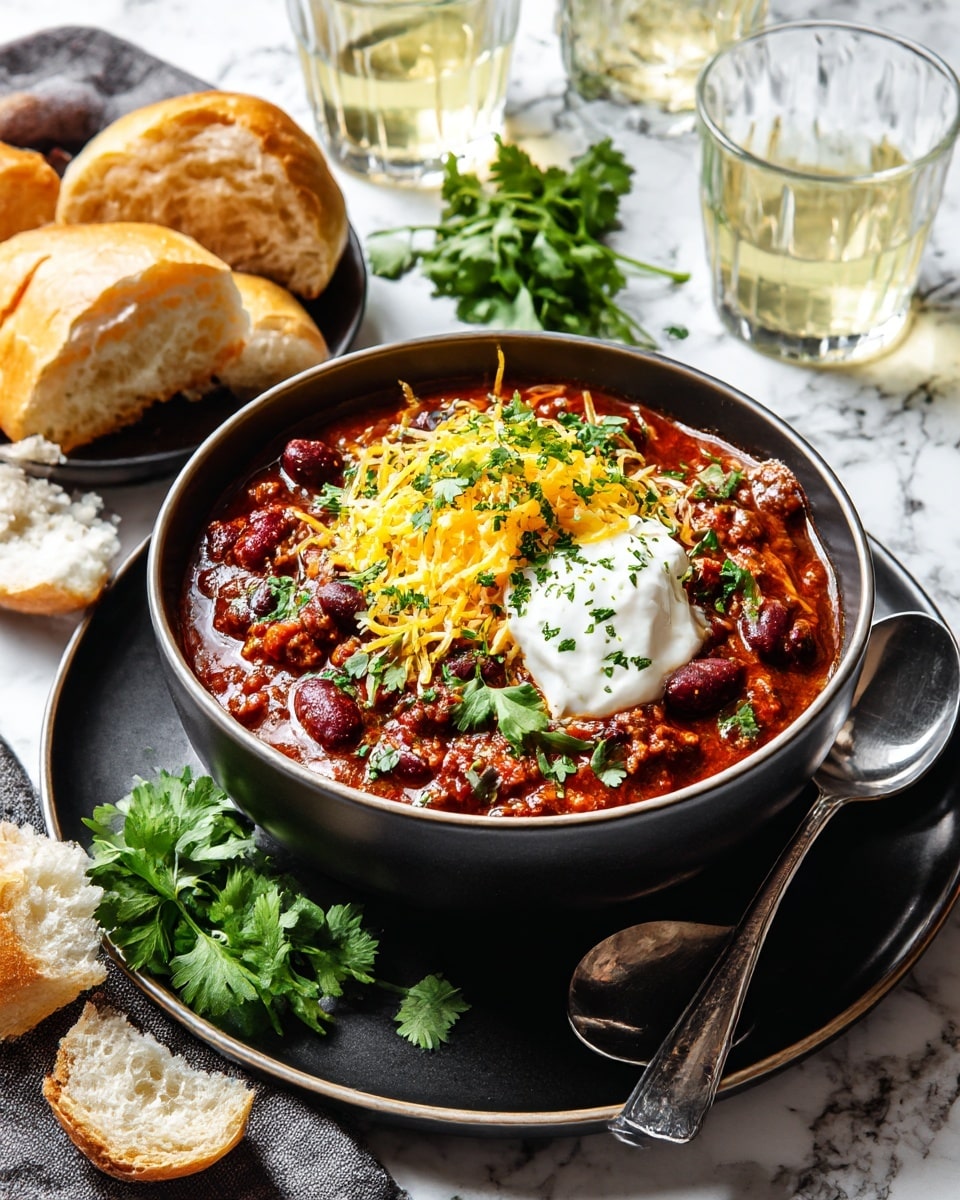 The image shows a dark bowl full of chili with many layers: the bottom layer is thick reddish-brown chili with black beans and pieces of tomato, topped by a dollop of white sour cream in the center, then a layer of thin yellow shredded cheese partly over the sour cream, and fresh green cilantro leaves scattered on top. The bowl sits on a matching dark plate with a spoon resting on it, and beside the plate are torn pieces of bread and a small bunch of cilantro. The background is a white marbled surface with two glasses of light yellow drink nearby. photo taken with an iphone --ar 4:5 --v 7