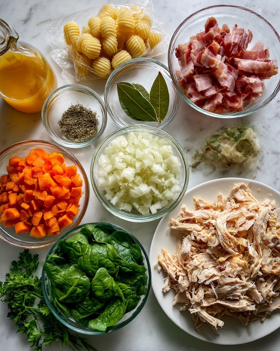 The image shows an overhead view of various cooking ingredients placed on a white marbled surface. There is a white plate on the right filled with shredded light brown cooked chicken. Around it, there are clear glass bowls holding chopped bright orange carrots, diced white onions, diced pale green celery, and thick slices of pink and white bacon. A package of light yellow raw gnocchi with a ridged texture is open near the top center. Fresh dark green spinach leaves lie near the center. Small glass bowls contain dried herbs with a green bay leaf on top. There is a block of light yellow butter partially wrapped in paper, a glass jug with orange liquid, and a bottle of white creamy dressing. A bottle of pale golden white wine is positioned on the left side. Fresh green parsley is at the bottom right corner. Photo taken with an iphone --ar 4:5 --v 7
