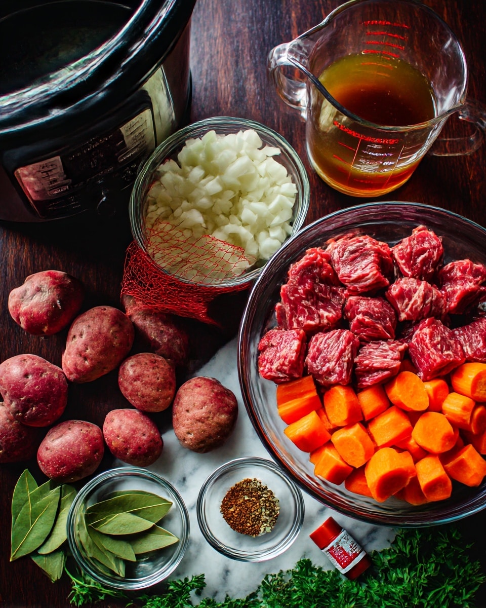 The image shows a carefully arranged cooking setup on a dark wooden table with a slow cooker in the upper left corner. In the center is a clear glass bowl filled with raw chunks of red beef. Below it, there is another clear bowl containing bright orange sliced carrots. To the left of the beef are some small red potatoes scattered beside a mesh red bag of potatoes, and to the upper left, a bowl of chopped white onions. To the upper right of the beef bowl is a glass measuring cup filled with brown liquid, and next to it are two small clear bowls: one with minced garlic and the other with mixed ground spices including red, green, and brown tones. Beside the small bowls are two green bay leaves and a red and white tube of tomato paste. At the bottom, fresh green parsley is spread out slightly. The whole scene is set on a white marbled surface. Photo taken with an iphone --ar 4:5 --v 7