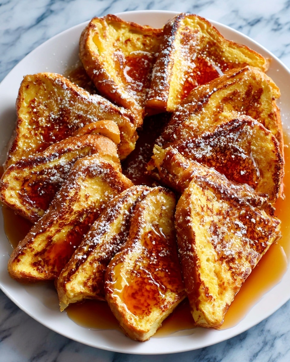 A white plate filled with about eight slices of golden brown French toast arranged in a slightly overlapping circular pattern. The toast has a crispy texture with darker browned edges and a soft center showing through folds. It is drizzled with shiny amber syrup that pools in places on the toast. A light dusting of white powdered sugar is sprinkled across the top of the toast and some has fallen onto the white marbled surface beneath the plate, creating a soft scattered effect. photo taken with an iphone --ar 4:5 --v 7
