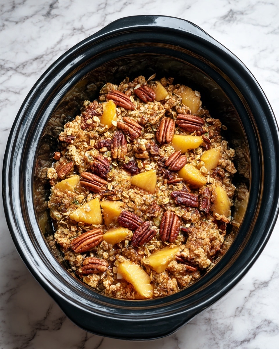 The image shows a black slow cooker filled with a crumbly dish that looks like a baked oat and nut mixture. The top layer is golden brown with a mix of oats and pecan nuts scattered throughout. There are chunks of what look like cooked fruit mixed in, giving some variation in brown and light yellow colors. The texture looks crunchy and soft in some parts. The slow cooker sits on a white marbled surface. The photo taken with an iphone --ar 4:5 --v 7