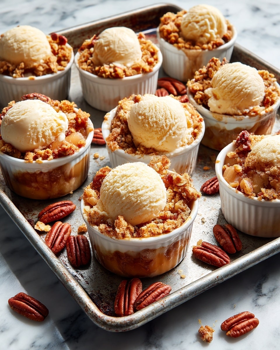Nine white small bowls filled with apple crumble topped with a scoop of vanilla ice cream sit on a large metal baking tray with a worn texture. Each bowl shows three layers: a golden-brown oat and pecan crumble top layer with crisp texture, a middle layer of soft, juicy baked apple slices in a warm orange-brown color, and a melting creamy white vanilla ice cream scoop on top. Some ice cream is melting down the sides of the crumble, blending white and light tan shades. Scattered pecan halves with a warm brown color lie on the tray around the bowls. The background is a white marbled texture. Photo taken with an iphone --ar 4:5 --v 7