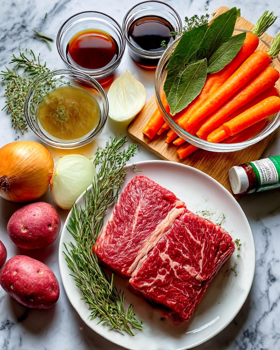 The image shows a fresh piece of raw beef with a deep red color and white fat marbled throughout, placed on a white plate. Surrounding it are several small red potatoes scattered on a white marbled surface, along with a clear glass bowl filled with bright orange sliced carrots. Next to the carrots is a light brown wooden cutting board holding green herbs including rosemary, thyme, and a large green bay leaf, with a halved onion and a whole onion nearby. There are three small clear glass containers holding dark liquids, likely broth and sauces, and a tube of green and white-labeled tomato paste. The whole setup is neat and colorful, ready for cooking. photo taken with an iphone --ar 4:5 --v 7