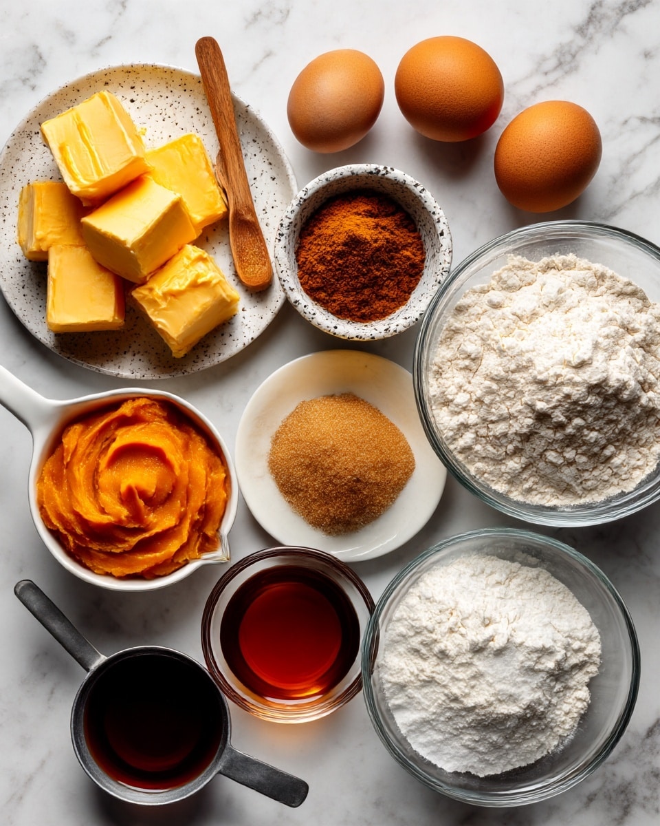 The image shows various baking ingredients neatly arranged on a white marbled surface. There is a large clear bowl filled with white flour on the right side. Near it are two whole brown eggs. Above the eggs, there is a small white bowl holding a heap of brown powder, likely cinnamon. Next to it is a speckled small bowl with white salt and a tiny wooden spoon. To the left, there is a bowl of melted bright orange butter and a white plate with three blocks of yellow butter. Below the eggs, there is a metal measuring cup filled with smooth orange pumpkin puree. Toward the bottom left, a metal cup contains light brown sugar, and on the bottom right, there are two clear bowls of dark amber liquid, possibly molasses and vanilla extract, and a metal cup with white baking powder. The overall look is clean and colorful with contrasting textures. Photo taken with an iphone --ar 4:5 --v 7