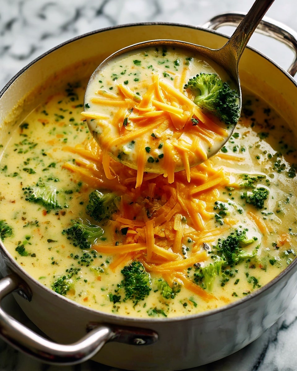 A close-up view of a creamy broccoli cheese soup with a light yellow base mixed with small green broccoli pieces scattered throughout. On top, there are bright orange shredded cheese curls spread unevenly across the surface. A ladle filled with the thick soup and extra cheese is held above the main pot by two silver handles on a white marbled surface. The texture looks smooth and rich with visible chunks of broccoli and melted cheese. photo taken with an iphone --ar 4:5 --v 7
