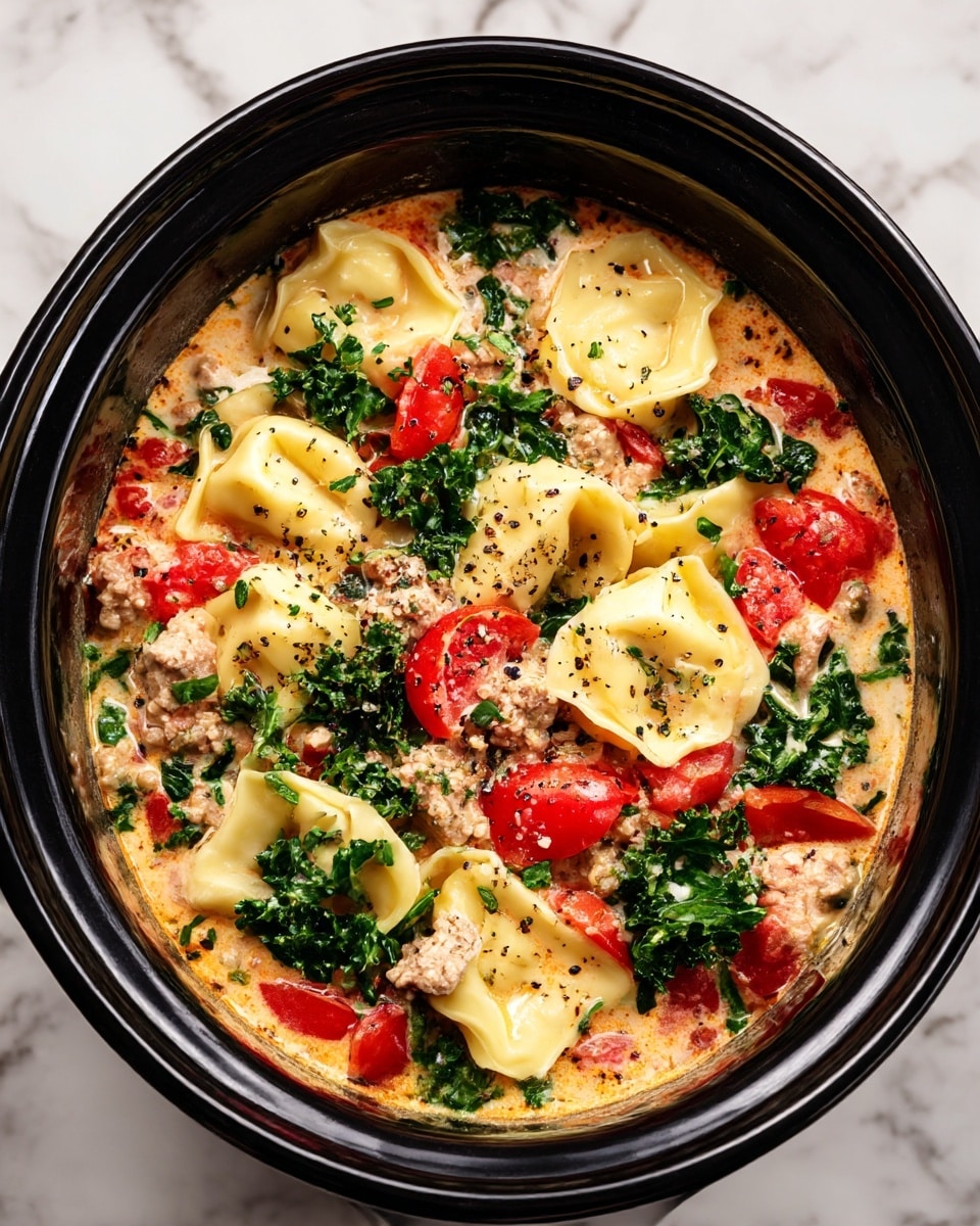 The image shows a black slow cooker filled with a creamy soup that has several layers. The bottom layer is a light orange creamy broth mixed with small pieces of cooked ground meat in a light brown color. Scattered through the broth are bright red tomato chunks and green leafy kale pieces that add contrast. Floating on top are multiple tortellini pasta pieces, pale yellow with a soft, rounded shape. The soup is sprinkled with black pepper, giving small dark specks across the surface. The slow cooker is placed on a white marbled texture. photo taken with an iphone --ar 4:5 --v 7