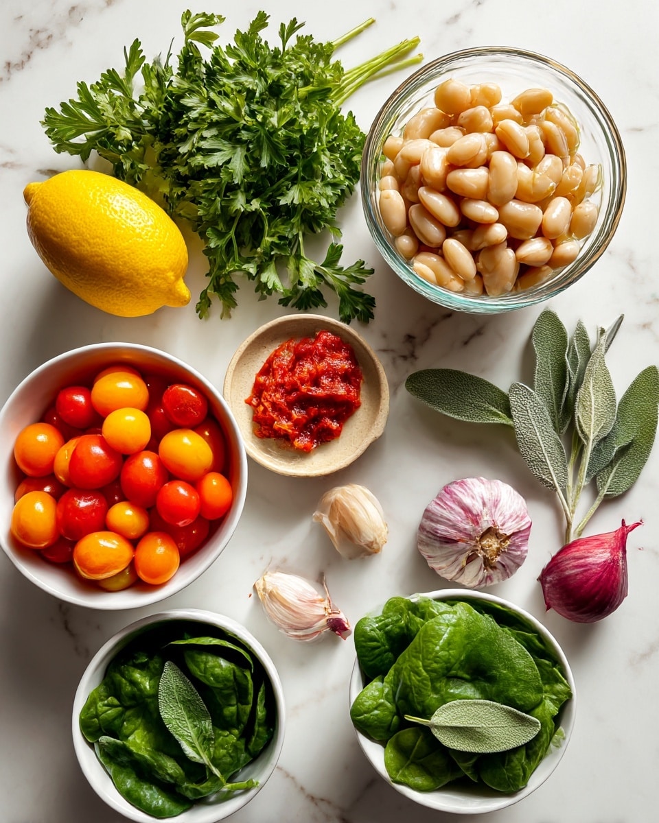 The image shows a top view of ingredients neatly placed on a white marbled surface. On the top right, there is a clear glass bowl filled with creamy white beans. To its left, fresh green parsley leaves are spread out with a bunch, and below them is a bright yellow lemon. Below the lemon, there is a small beige dish holding a small amount of red paste. Near this are three cloves of peeled garlic and a whole small purple onion to the right. On the bottom left, in a white bowl, there is a mix of red, orange, and yellow cherry tomatoes. To the bottom right, in another white bowl, there are fresh bright green spinach leaves. Near the lemon, some fresh sage leaves with a soft, gray-green color are placed. The whole scene is clean and bright, creating a fresh and healthy visual feel. photo taken with an iphone --ar 4:5 --v 7
