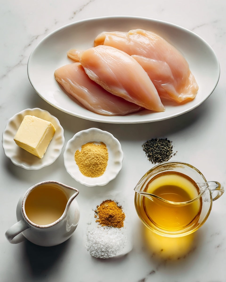 The image shows a top view of various ingredients neatly placed on a white marbled surface. At the top, a white oval plate holds three raw, smooth light pink chicken filets overlapping each other. Below the plate, three small white dishes with scalloped edges contain different ingredients: a small block of pale yellow butter on the left, a fine light yellow powder in the center, and three piles of seasoning (yellow, black, and white) on the right. Directly under these dishes are three more containers: a small pitcher with a creamy beige liquid on the left, a small round clear bowl filled with golden yellow oil in the middle, and a small pitcher with a clear golden broth on the right. The composition is clean and evenly spaced, with soft natural light highlighting the textures and colors of the ingredients. Photo taken with an iphone --ar 4:5 --v 7