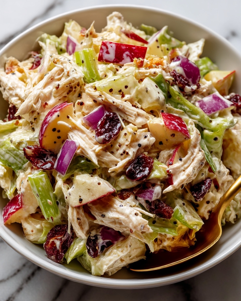 A close-up view of a creamy shredded chicken salad in a white bowl on a white marbled surface. The salad has several layers and textures: pale beige shredded chicken mixed with small pieces of purple-red onion, green celery, red and yellow apple chunks, and dark dried cranberries, all coated with a smooth, creamy dressing dotted with black pepper flakes. A shiny golden spoon is resting partially under the salad in the bottom right of the bowl. photo taken with an iphone --ar 4:5 --v 7