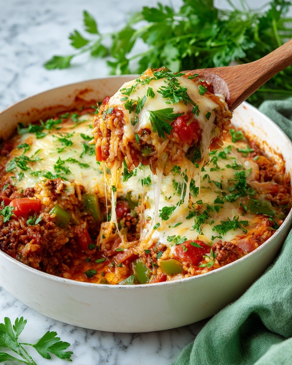 The dish shows two main layers inside a white skillet: the bottom layer is a mix of cooked rice with red tomato sauce, cooked ground meat, and visible chunks of green bell pepper and tomato, all mixed together with a soft texture; the top layer is melted pale yellow cheese sprinkled with small green parsley leaves. A wooden spoon holds a scoop of the dish, showing the layers clearly, with the cheese stretching slightly from the rice underneath. The skillet is on a white marbled surface with a green cloth nearby, and some fresh parsley is placed in the background photo taken with an iphone --ar 4:5 --v 7