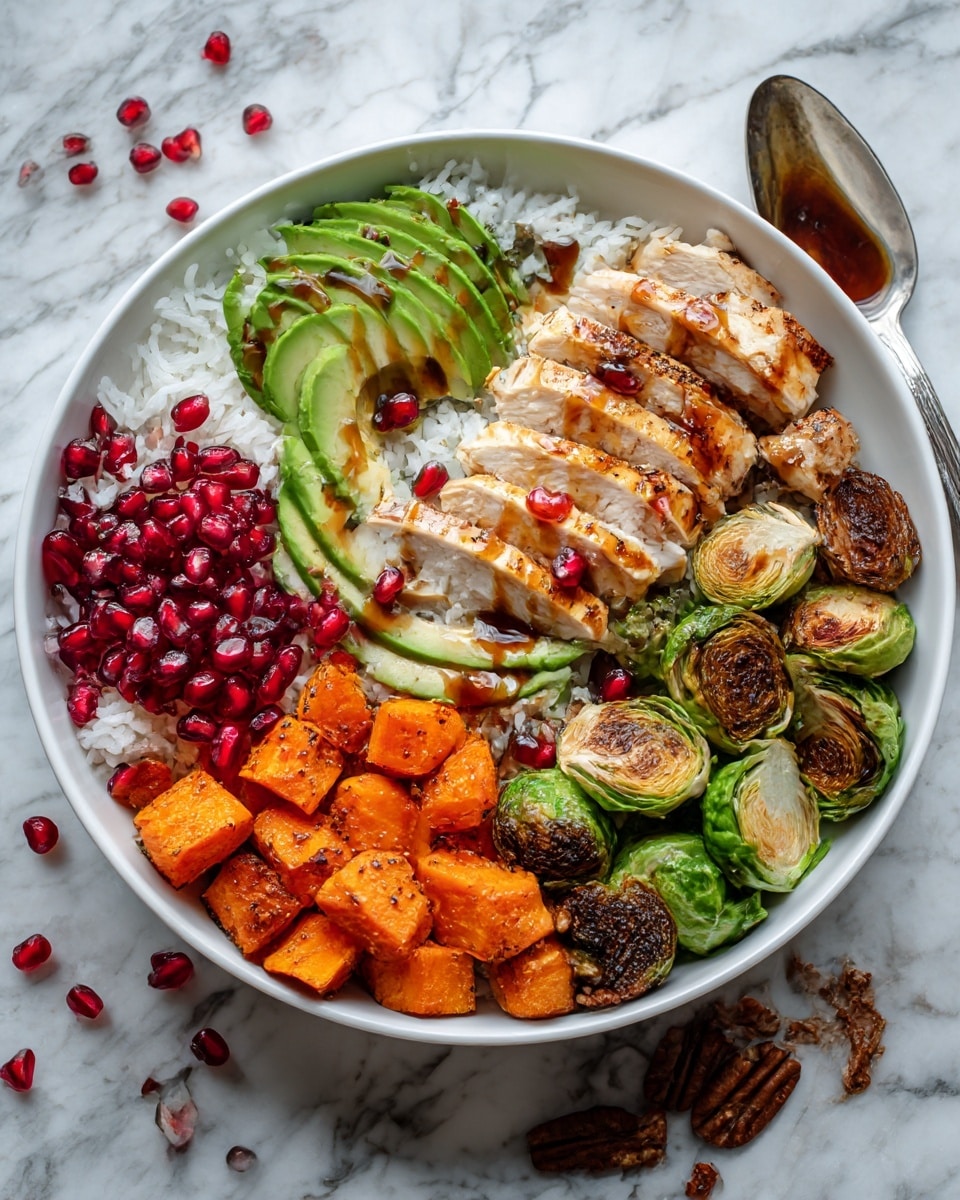 A white bowl sits on a white marbled surface, filled with five main layers arranged in sections. Starting from the bottom right, there is a layer of white rice with a few scattered black pepper specks. On the rice, bright red pomegranate seeds fill the bottom left part of the bowl. Above the pomegranate seeds, a cluster of brown pecans lies with a glossy coating. To the top left, there are some green Brussels sprouts cut in halves, showing their light green and white insides. The top right section holds chunky pieces of cooked orange sweet potatoes. In the center, a row of sliced chicken pieces covered with a light brown sauce is placed, and to the right of the chicken, thin slices of light green avocado fan out. A spoon with some sauce is nearby on the surface, and more pomegranate seeds are scattered around the bowl. photo taken with an iphone --ar 4:5 --v 7