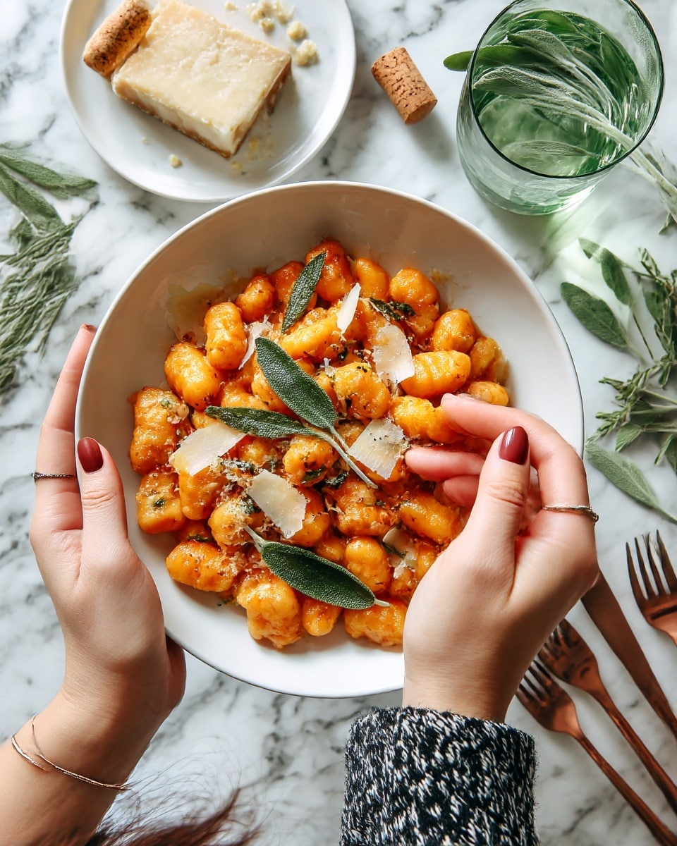 A white bowl holds bright orange gnocchi pieces that are soft and slightly browned, spread evenly inside. On top, light, thin slices of off-white cheese with a slightly rough texture are scattered, along with a few fresh sage leaves that are green with a soft, velvety look. The bowl is placed on a white marbled surface. Near the bowl, a woman’s hands with painted nails and a cozy black and white patterned sleeve are gently holding the bowl. Around the scene, there is a white plate with a block of cheese, a cork, a green-tinted glass of water, fresh sage sprigs, and copper cutlery, all atop the same white marbled surface. photo taken with an iphone --ar 4:5 --v 7