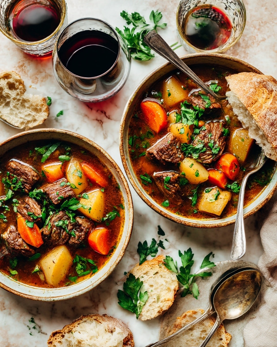 A black slow cooker filled with a rich dark brown stew layered with large orange carrot slices, white chunks of potato, and tender pieces of browned meat, all floating in a thick reddish-brown sauce. Small green herb pieces and sprigs of rosemary are scattered on top, adding pops of green color. The slow cooker sits on a white marbled surface. Photo taken with an iphone --ar 4:5 --v 7