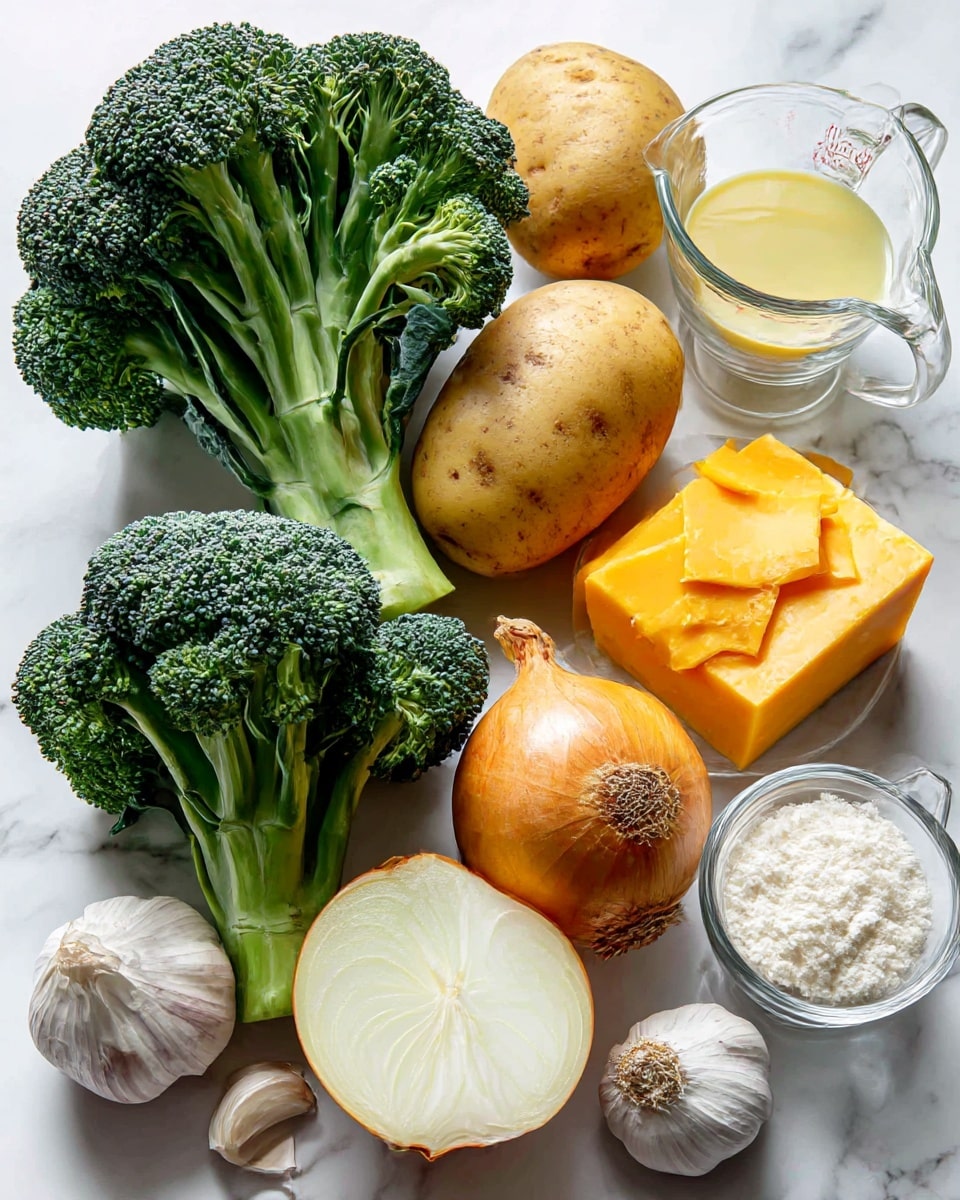 The image shows fresh broccoli with dark green tops and thick light green stems, a large yellow potato with a rough skin, half a yellow onion revealing its pale layers, a block of bright orange cheddar cheese along with some thin slices, a few cloves of garlic with white papery skins, a clear glass bowl filled with white flour, and two clear glass measuring cups—one with a light yellow liquid and the other with cream, all placed neatly on a white marbled surface. photo taken with an iphone --ar 4:5 --v 7
