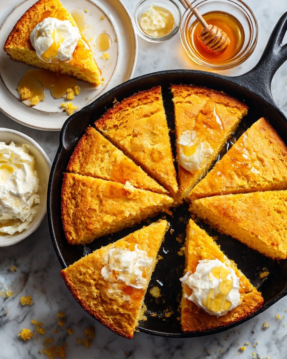 A round golden cornbread is shown in a black cast iron skillet, cut into six thick slices with one slice missing. The cornbread has a slightly rough and crumbly texture on top and a warm golden-brown color. Next to the skillet, there are two white plates, each holding a slice of cornbread topped with a dollop of white creamy butter and drizzled with golden honey. Crumbs of cornbread are scattered lightly on the plates and the white marbled surface beneath. Nearby, there is a small glass bowl filled with more white creamy butter and another glass bowl holding golden honey. photo taken with an iphone --ar 4:5 --v 7
