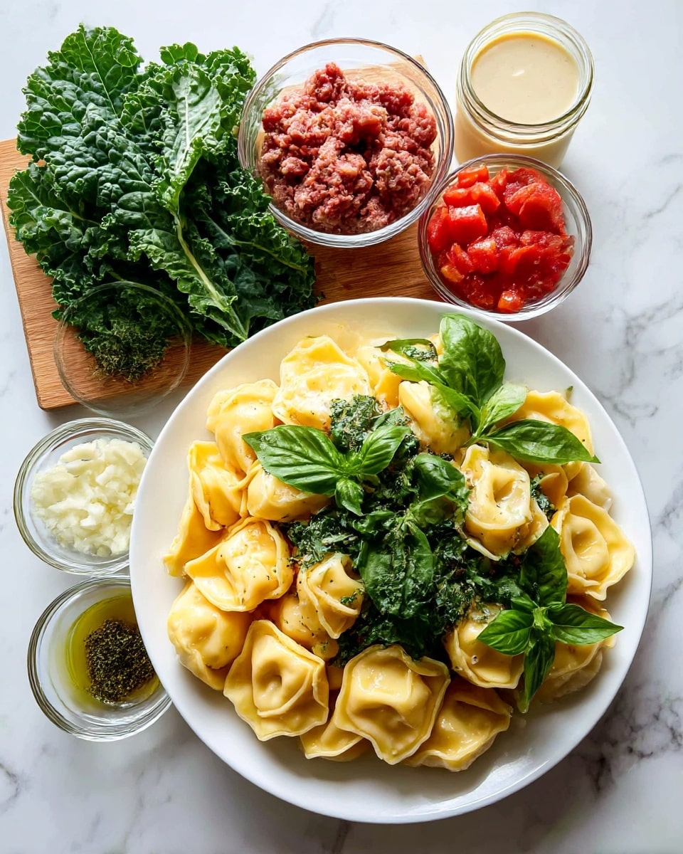 A white plate is filled with a single layer of uncooked yellow tortellini pasta topped with fresh green basil leaves on the right side. To the left, a wooden board holds several green kale leaves and a clear glass bowl with ground meat. Surrounding these are small clear glass bowls filled with chopped white onion, minced garlic, dried herbs, olive oil, and whole red tomatoes with a chunky texture. A small jar of creamy light beige sauce is visible in the top right corner, all set on a white marbled surface. Photo taken with an iphone --ar 4:5 --v 7