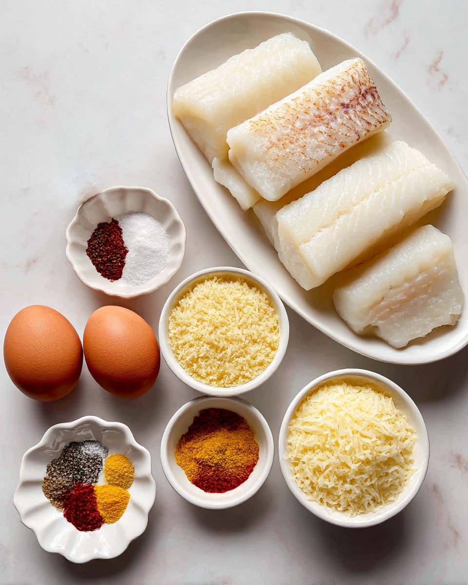 The image shows ingredients neatly arranged on a white marbled surface. At the top right, there is an oval white plate holding three large pieces of pale white fish fillets with a faint brown pattern on one piece. Below the plate, two brown eggs are placed side by side. To the right of the eggs, there are two small round white bowls filled with light yellow breadcrumbs and grated cheese. To the left of the eggs, a small, scalloped white dish holds five different spices, including coarse white salt, black pepper, paprika, and two golden-yellow powders. The overall look is clean and organized, ready for cooking. photo taken with an iphone --ar 4:5 --v 7