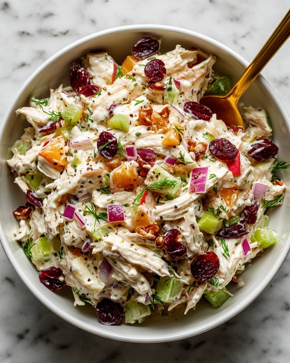 A white bowl holds a creamy chicken salad with three visible layers: white shredded chicken mixed with a smooth light dressing forms the main layer, dotted with small pieces of red onion, pale green celery, and tiny orange and red apple chunks. Dark red dried cranberries are scattered throughout, adding contrast, while the dish is lightly sprinkled with black pepper for texture. A shiny gold spoon rests inside the bowl, partially submerged in the salad, all set against a white marbled surface. photo taken with an iphone --ar 4:5 --v 7