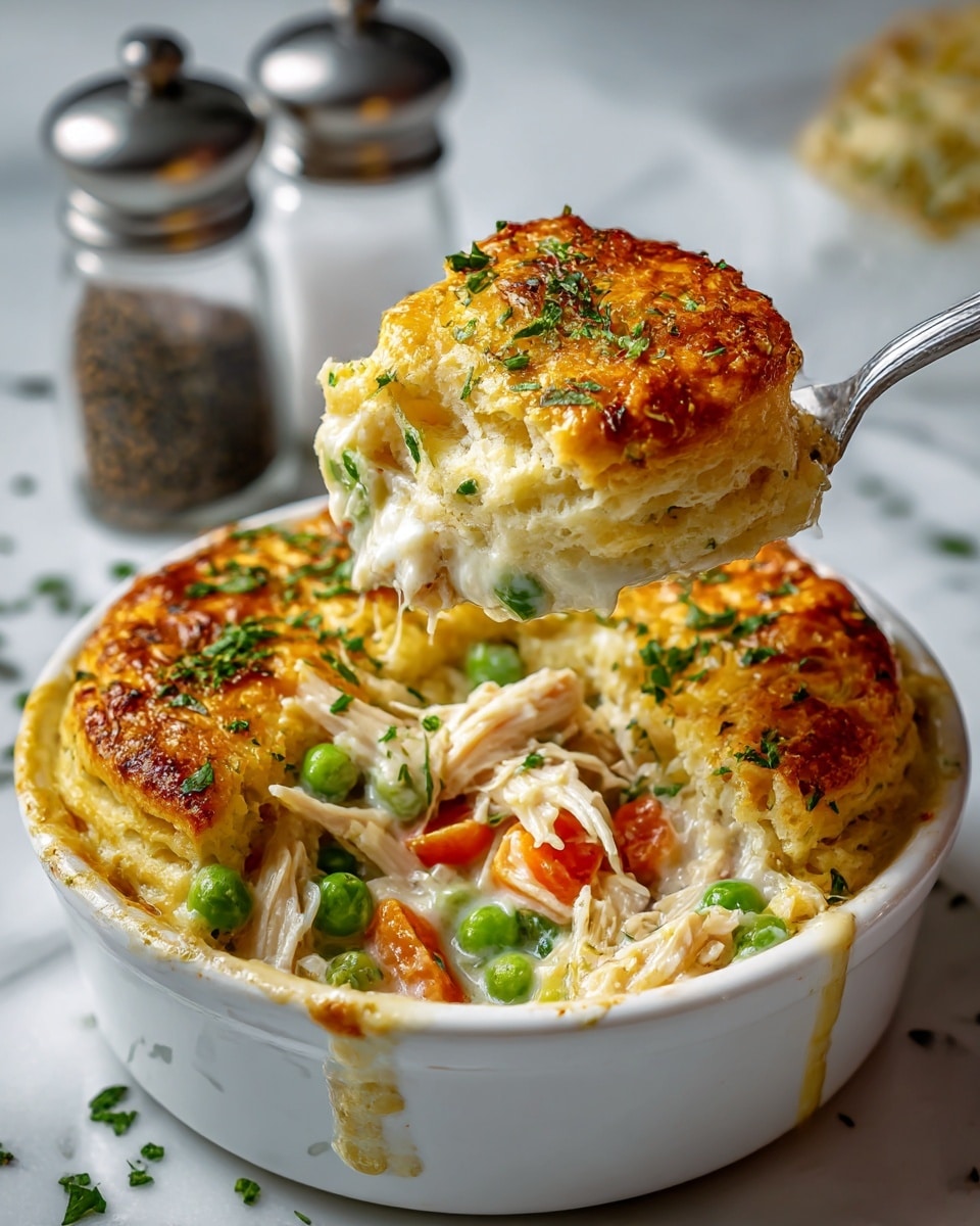 The image shows a white round dish filled with a golden brown, baked biscuit topping. The biscuits are puffy with a slightly crispy texture and sprinkled lightly with green herbs. Underneath the biscuits is a creamy layer made up of shredded light-colored chicken, bright orange carrot slices, and green peas, all mixed in a thick, white sauce. A spoon lifts a scoop of the dish, showing the layers clearly with the biscuits on top and the creamy filling below. The dish is placed on a white marbled surface with salt and pepper shakers blurred in the background. photo taken with an iphone --ar 4:5 --v 7