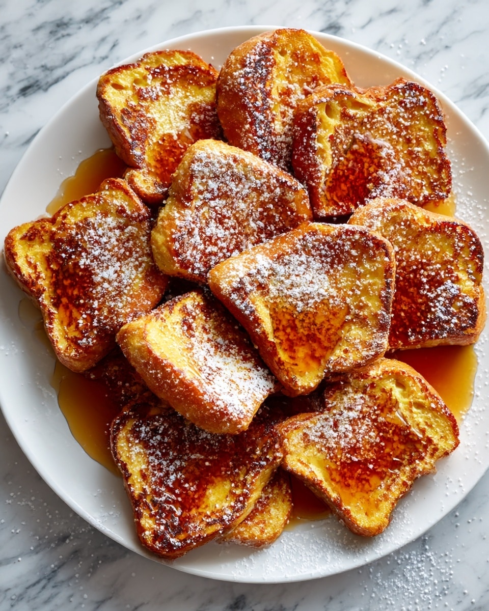 A white plate filled with several thick, soft slices of golden brown French toast that have a slightly crispy edge. The toast is layered with powdered sugar dusted on top, and a light amber maple syrup coats parts of the toast and pools on the right side of the plate. Near the plate’s edge, a fork holds one folded piece of French toast soaked in syrup. The plate sits on a white marbled surface scattered with powdered sugar. Photo taken with an iphone --ar 4:5 --v 7