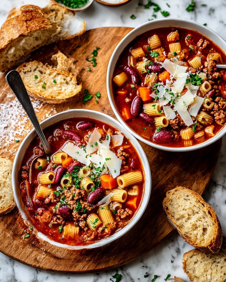Two white bowls filled with a rich tomato soup containing small pasta tubes, red kidney beans, minced meat, diced carrots, and herbs, topped with thin white cheese slices and chopped green herbs. Each bowl has a spoon resting inside, and pieces of crusty brown bread sit on the wooden board under the bowls and on a white marbled surface. The soup looks thick and hearty with a mix of red, orange, light yellow, and green colors, with a shiny, slightly oily surface. Photo taken with an iphone --ar 4:5 --v 7