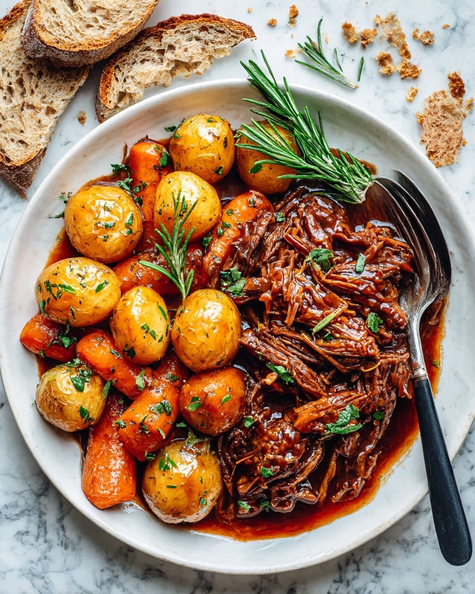 A white plate sits on a white marbled surface filled with a hearty mix of food. On the left side, there are large cooked baby potatoes with a shiny brown skin layer and orange carrot pieces cut into thick sticks. The right side has shredded, dark brown cooked meat covered in a rich sauce. Fresh green rosemary sprigs are scattered on top for garnish. To the right of the plate, a black-handled fork and spoon rest on the plate’s edge in the sauce. Above the plate, there are torn pieces of brown bread with crumbs scattered on the marbled surface. Photo taken with an iphone --ar 4:5 --v 7