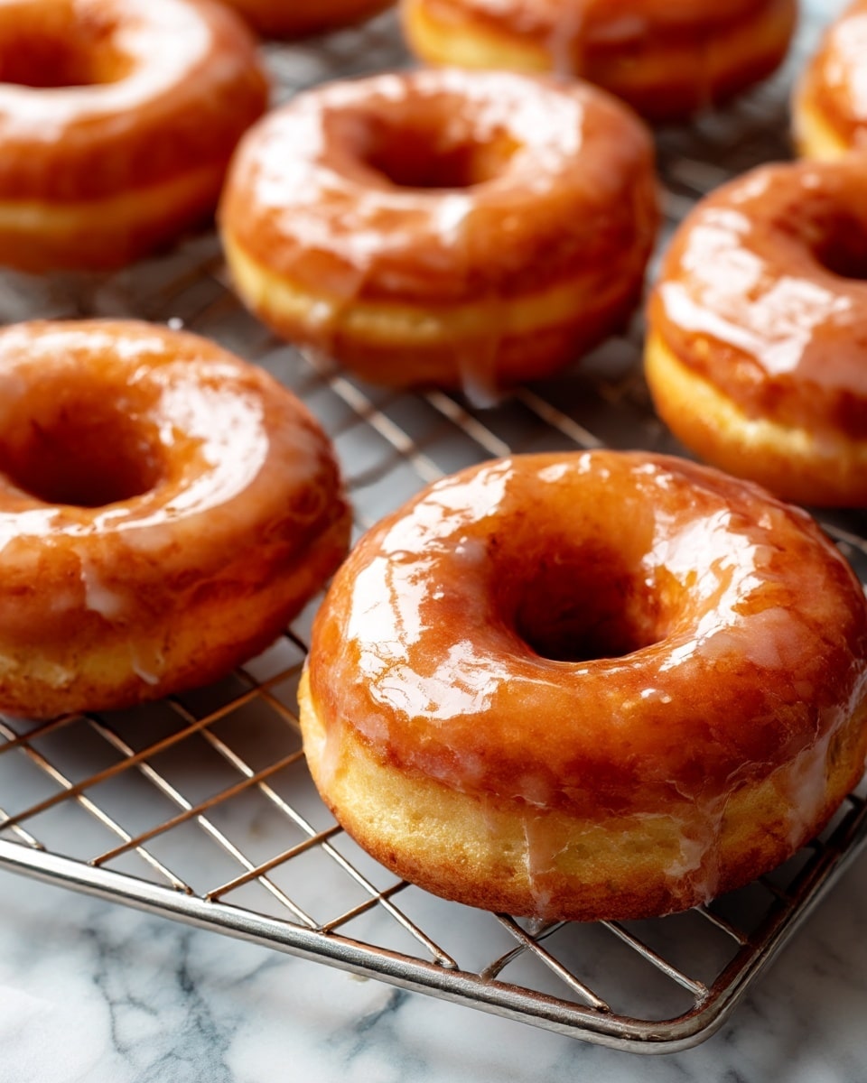 A group of round doughnuts with a smooth, shiny light brown glaze covering the top of each one, arranged closely together on a metal cooling rack. The doughnuts have a soft texture visible under the glaze and a hollow center hole. The metal rack contrasts with the warm tones of the doughnuts and the background is a white marbled texture. The light reflects softly on the glaze, giving the doughnuts a fresh, slightly glossy look. photo taken with an iphone --ar 4:5 --v 7