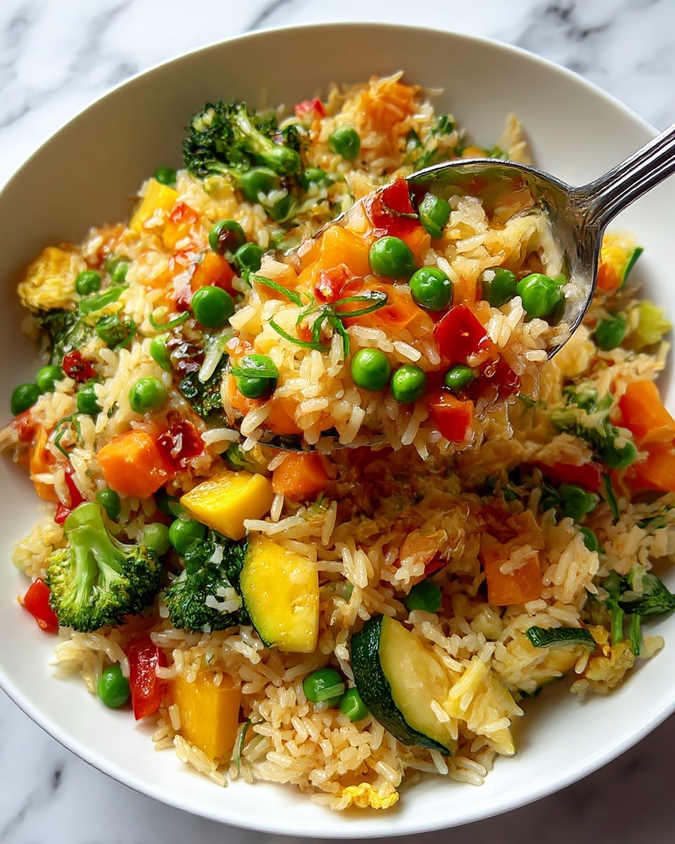 The image shows a close-up of a white bowl filled with colorful fried rice. The dish has three main layers visible: the bottom layer is yellowish rice grains that look soft and fluffy; mixed in and on top are bright pieces of vegetables including green peas, orange carrot cubes, red bell pepper chunks, small broccoli florets, yellow bell pepper, and slices of green zucchini, creating a vibrant and fresh look. There is a silver spoon resting inside the bowl, partially visible at the front. The bowl sits on a white marbled surface, giving a clean and bright background. photo taken with an iphone --ar 4:5 --v 7