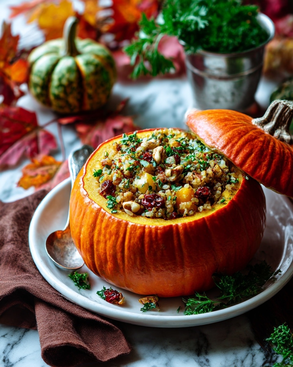 A small orange pumpkin is hollowed out and filled with a mixed dish of yellow, light brown, and red bits, sitting on a white plate. The pumpkin's detached lid leans against it on the right side, showing its smooth orange skin and small brown stem. The plate rests on a dark wooden table with a folded brown napkin nearby. In the background, there are colorful orange and red autumn leaves, a small green pumpkin, a yellow pumpkin, and a small plant in a metal pot, all set against a dark wall with a white marbled texture under the plate. photo taken with an iphone --ar 4:5 --v 7