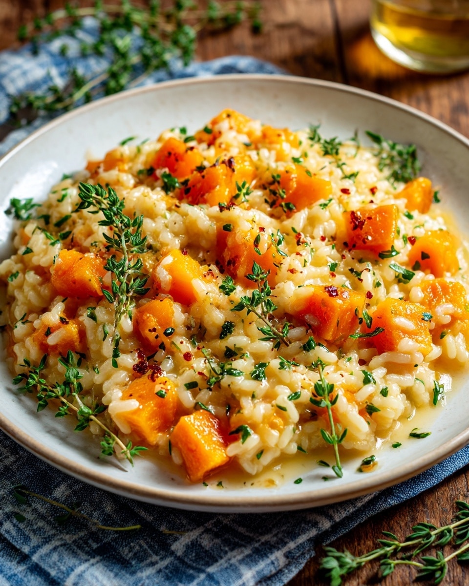 A white plate sits on a blue checkered cloth over a white marbled surface, filled with creamy risotto mixed with bright orange pumpkin cubes. The risotto is soft and slightly sticky, its pale creamy color contrasting with the vibrant orange pieces. Small green thyme leaves are scattered on top, adding spots of fresh green color. In the background, blurry elements include a glass of water, some herbs, and a ripe pumpkin adding warm tones to the scene. photo taken with an iphone --ar 4:5 --v 7