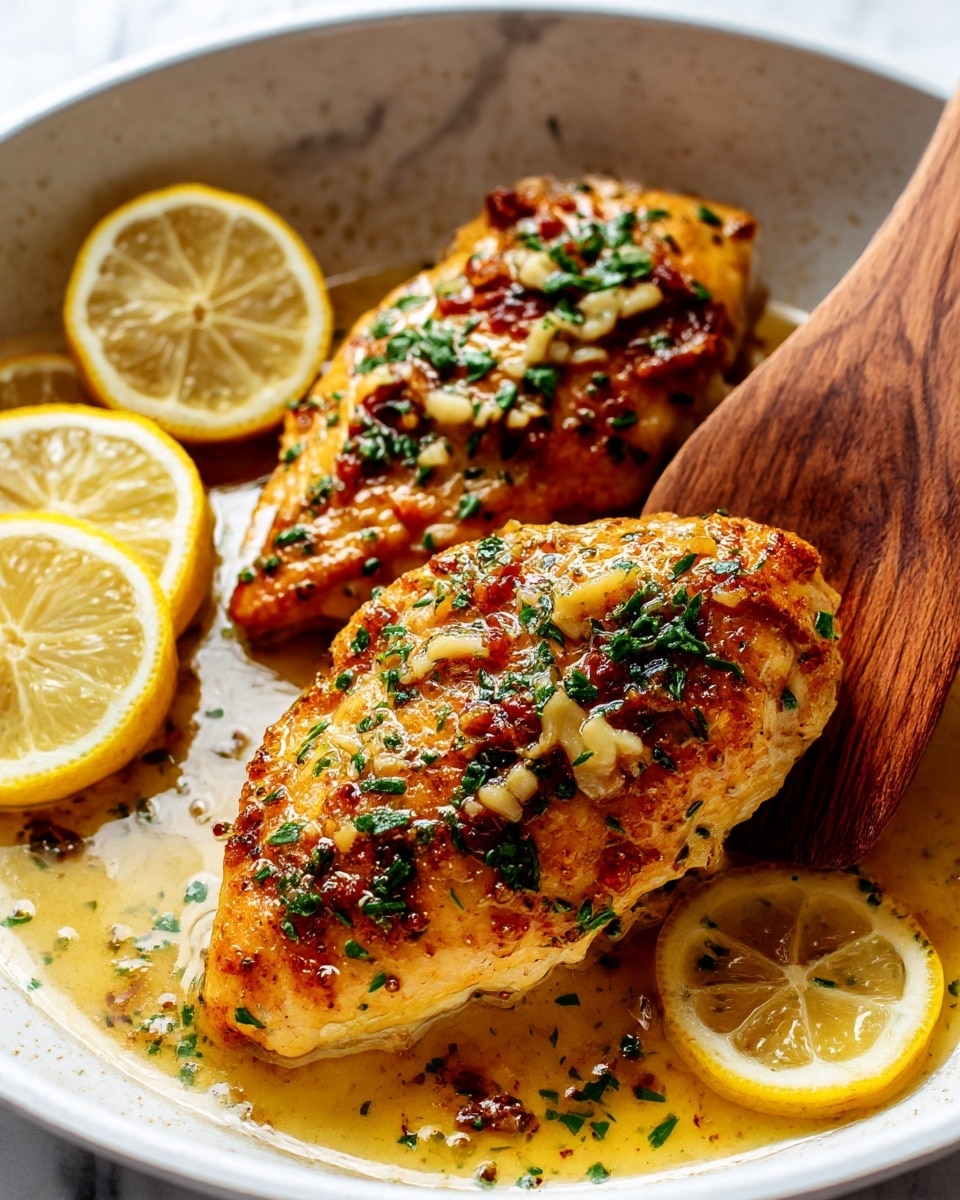 A close-up image shows two golden brown chicken pieces in a white pan with a thin layer of melted butter sauce surrounding them. The chicken has a textured, slightly crispy surface with small bits of minced garlic and chopped green herbs sprinkled evenly over the top. Thin, round lemon slices with bright yellow rinds rest next to the chicken pieces, partly on the pan’s surface. A wooden spatula lifts one of the chicken pieces on the right side, showing a slightly rough wooden texture. The background is a white marbled surface around the pan. Photo taken with an iphone --ar 4:5 --v 7
